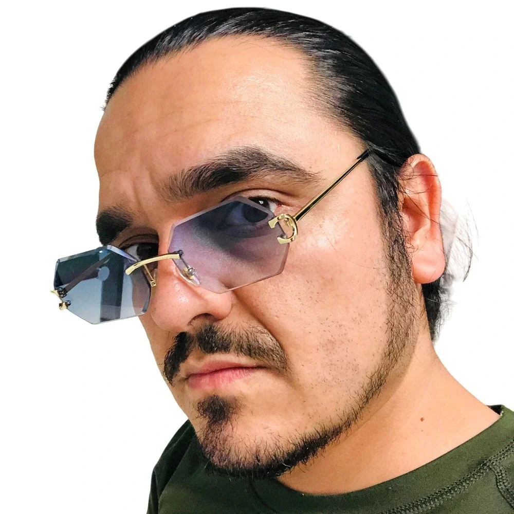 Rimless Sunglasses Men Octagon Blue Lens Gold Accents Fashion‎ Shades Lentes New
